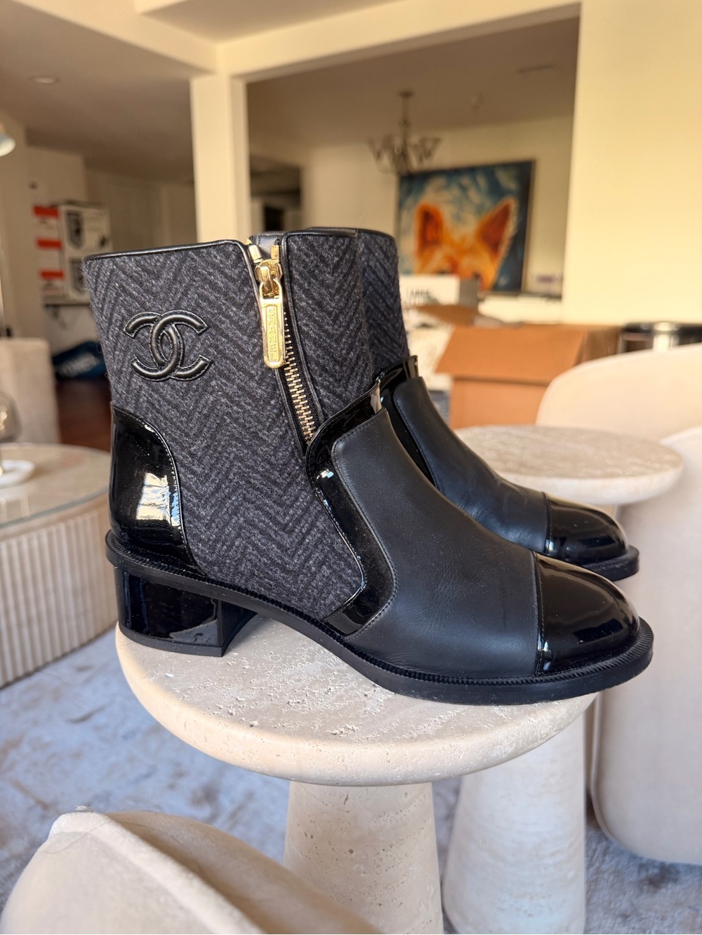 CHANEL Black Patent Leather and Gray Fabric Ankle Boots